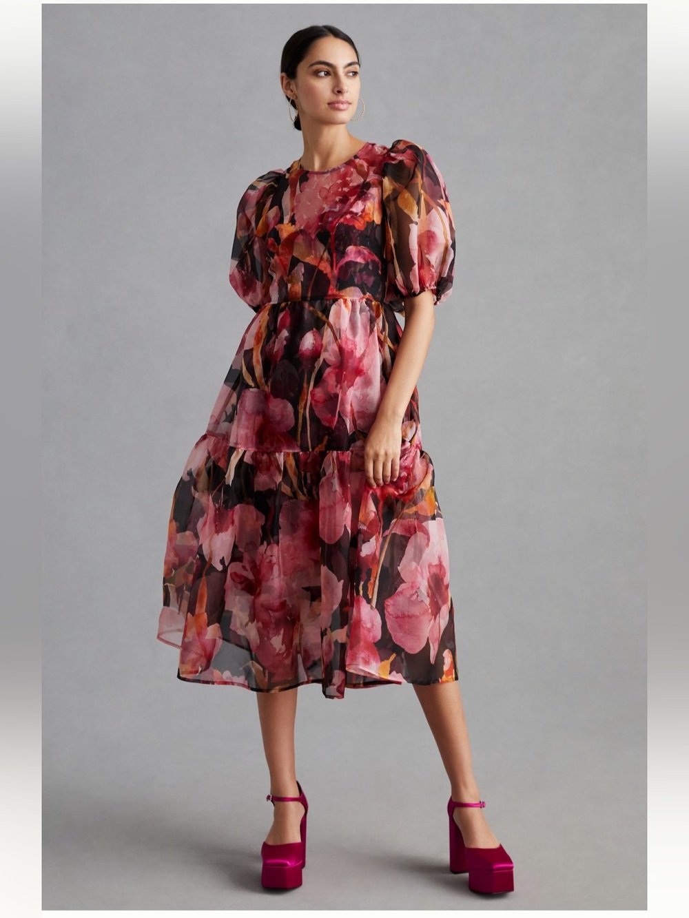 By Anthropologie Puff Sleeve Organza Midi Dress
